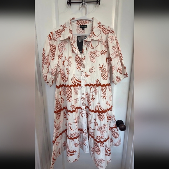 Meadow Rhodes Ric Rac Fruit Print Dress Small 100% Cotton Midi Tropical Modest - Picture 2 of 7